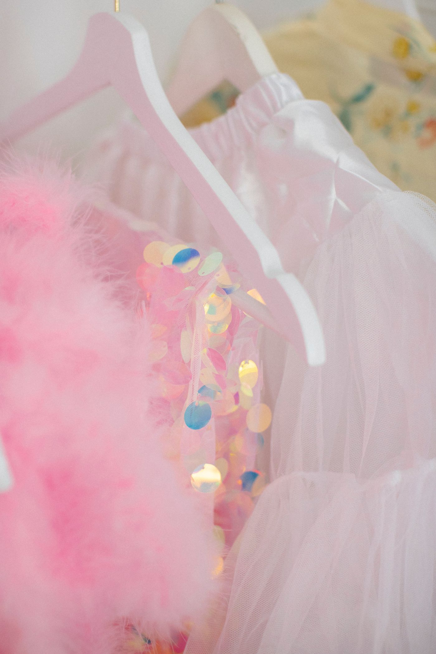Dresses with embellished details on white hangers